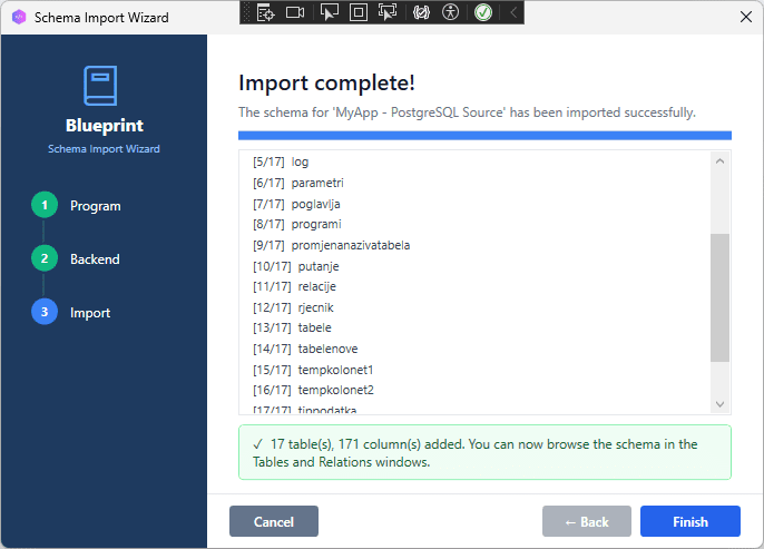 Import complete message, e.g. “17 tables, 171 columns imported successfully”
