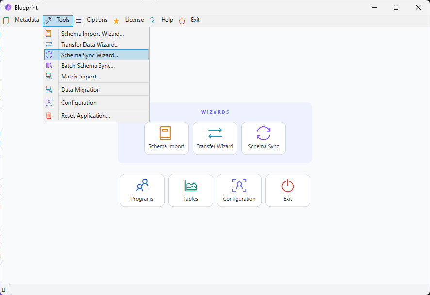 Main BlueprintDB window with Schema Sync and Transfer Data buttons highlighted in the menu