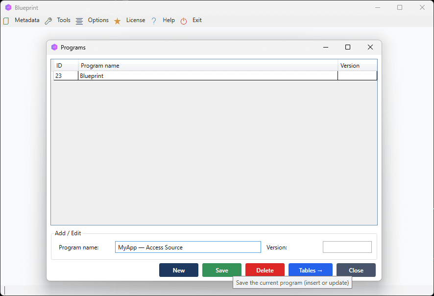 Programs window, new program row selected and saved