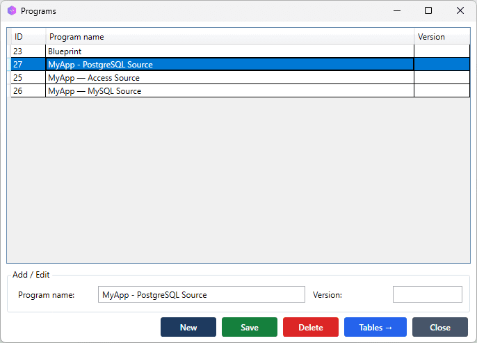 Programs window, one program selected/active