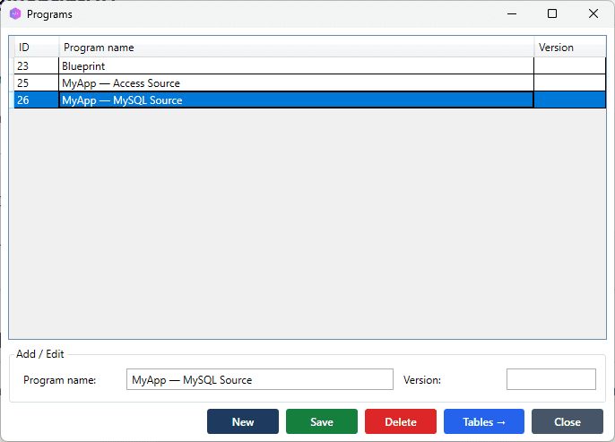 Programs window with a new program saved, cursor on the newly created row