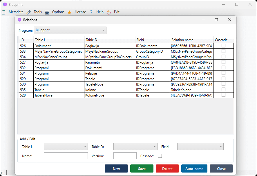 Relations window showing imported foreign key relationships between tables