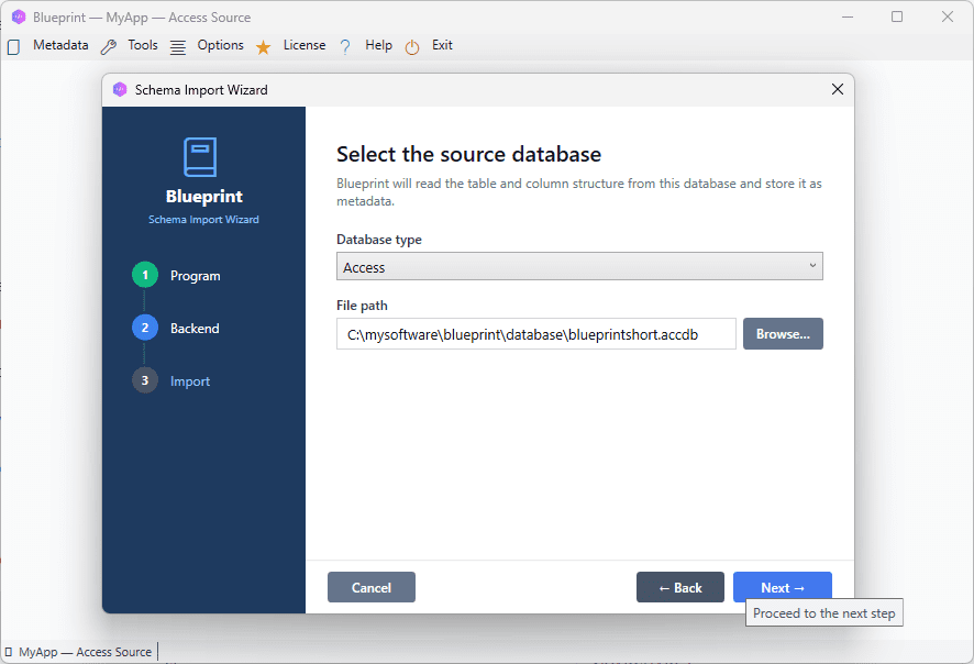 Schema Import window, MS Access selected, file path filled