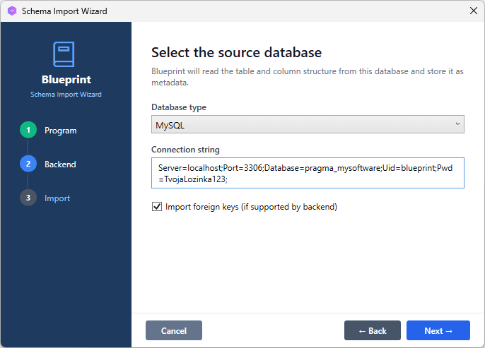 Schema Import window, MySQL selected, connection fields filled