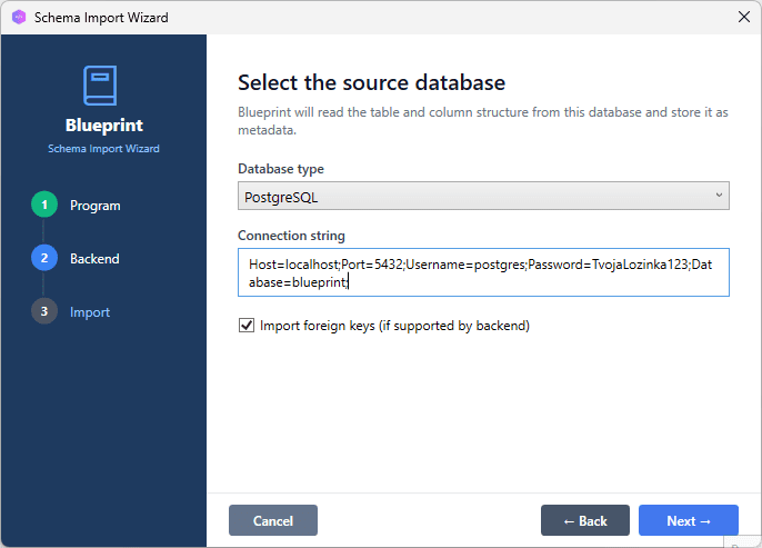 Schema Import window with PostgreSQL selected, connection fields filled in, Next button highlighted