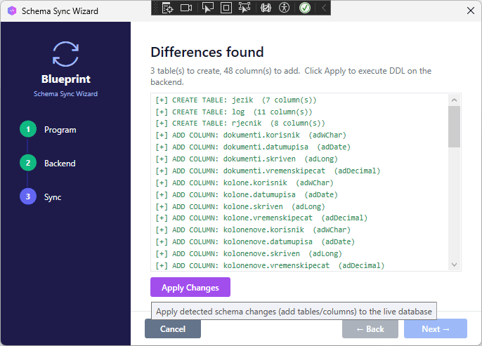 Schema Sync window, PostgreSQL selected, diff list showing all tables as “To be created”, Apply button highlighted