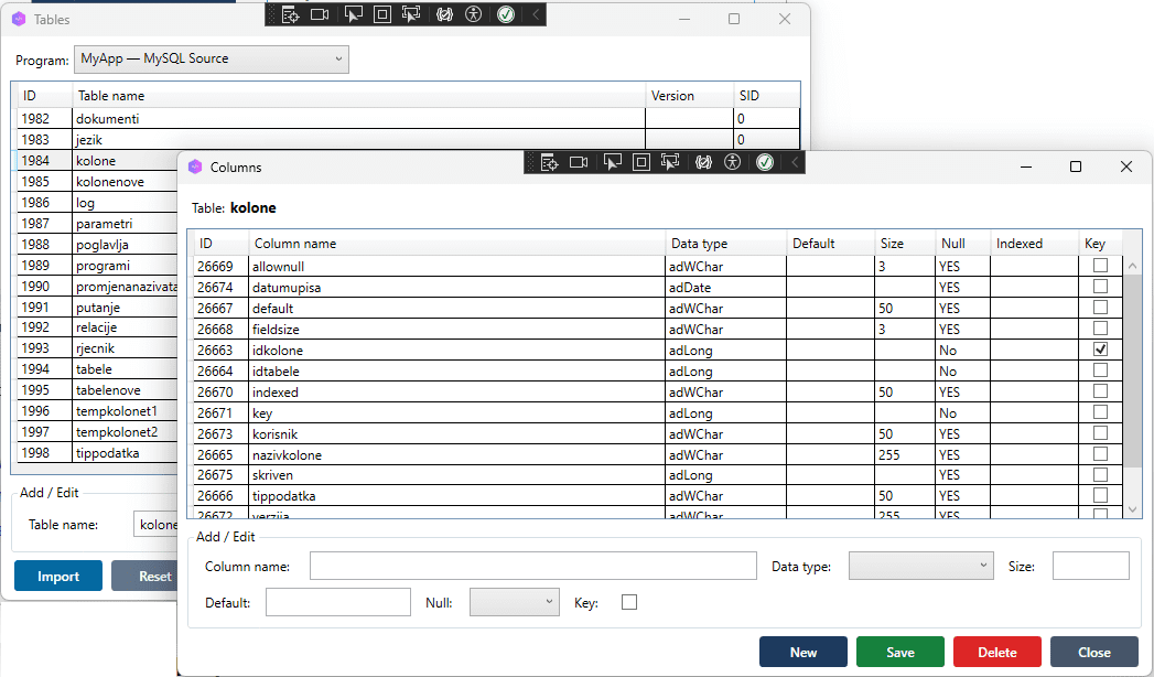 Tables window with imported tables; Columns window open for one table showing name, type, length, nullable