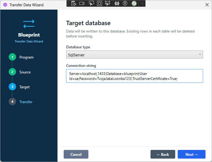 Transfer Data Wizard, source Access and destination SQL Server configured, all tables selected