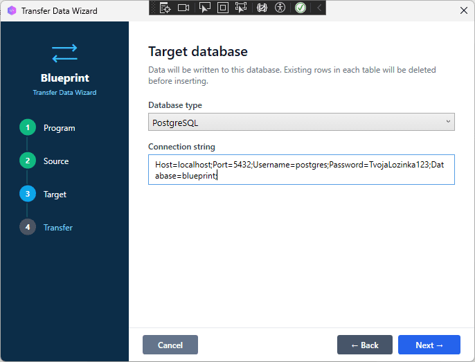 Transfer Data Wizard — source MySQL and destination PostgreSQL configured, table selection screen with all tables selected