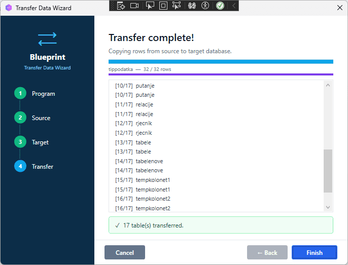 Transfer complete screen, summary showing tables processed, total rows transferred, 0 errors