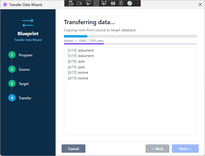 Transfer in progress, log panel showing rows transferred per table, progress bar